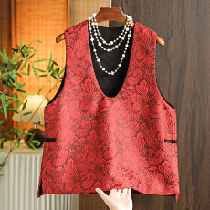 批发实拍高级提花深V外搭马甲女春<b class='q'>秋</b>中式气质无袖外套V领坎肩背心马夹