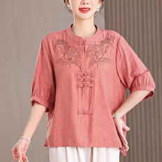 批发春夏五分袖韩版大码遮肉显瘦复古绣花洋气时髦<b class='q'>棉麻</b>衬衫2026新款