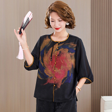 批发实拍桑蚕丝小衫2026夏新款立领中袖印花复古<b class='q'>妈妈装</b>宽松真丝香云纱