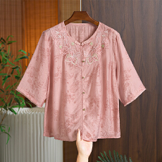 批发实拍2026夏季新款新中式国风绣花上衣复古盘扣棉麻花色短袖小衫女