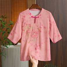 批发<b class='q'>实拍</b> 复古文艺苎麻绣花短袖<b class='q'>衬衫</b>女2026新款圆领六分袖小衫上衣