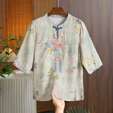 批发实拍 2026新中式夏季刺绣亚麻印花国风文艺复古五分袖薄款百搭<b class='q'>T</b><b class='q'>恤</b>