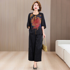 批发实拍 小衫2026夏新款立领中袖印花复古<b class='q'>妈妈装</b>宽松真丝香云纱套装