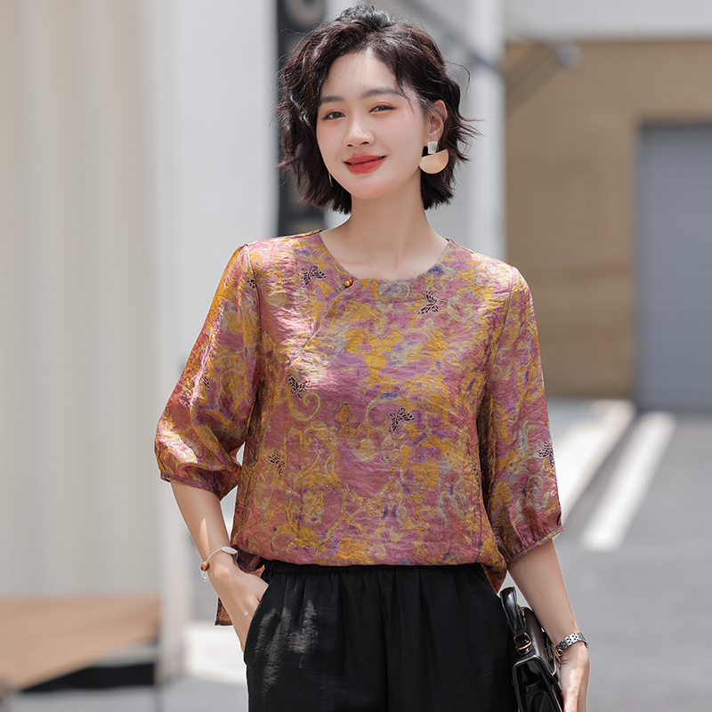 실사 2026 중노년 어머니 드레스 라운드 넥 프린트 여름 새로운 루즈핏 슬림해 보이는 품격 다용도 작은 셔츠 여성