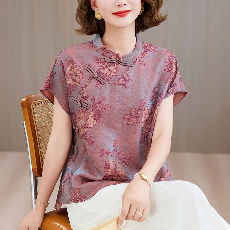 실사 새로운 중식 어머니 드레스 스탠드 칼라 반팔 플로팅 라이트 브로케이드 여성 셔츠 여름 고귀한 품격 반팔 국풍 맨위