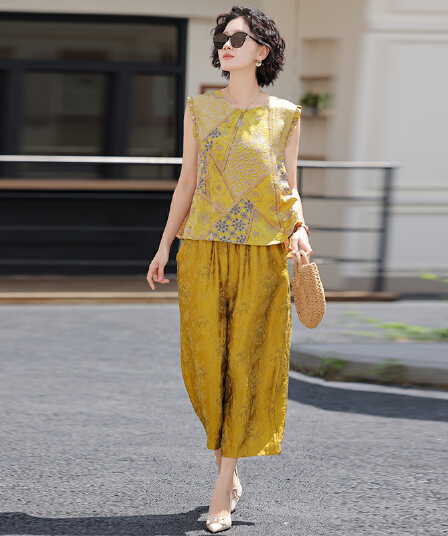 실사 2026 여름 새로운 새로운 중식 국풍 라운드 넥 풀오버 슬림해 보이는 조끼 맨위 와이드 레그 팬츠 세트