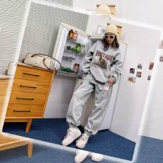 批发现韩国东大门秋冬女装薄款加绒保暖字母印花慵懒风卫衣裤子<b class='q'>套装</b>