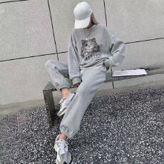 批发现韩国东大门秋冬女装薄款加绒保暖字母印花慵懒风卫衣裤子<b class='q'>套装</b>