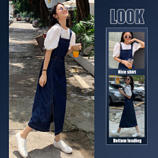 批发牛仔<b class='q'>背带</b>裙女宽松薄款休闲小众侧边开叉吊带连衣裙子法式