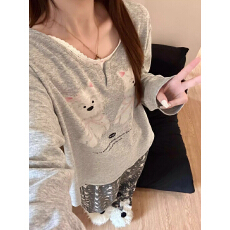 批发蕾丝小狗套装06年春秋季新款睡衣女甜美网红风家居