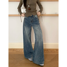 批发实拍 满天星<b class='q'>烫钻</b>重工<b class='q'>牛仔裤</b>女秋季设计感宽松直筒阔腿带钻爆闪裤