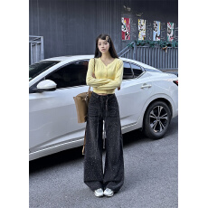 实拍 黑色小众烫钻阔腿牛仔裤秋冬2025新款满天星设计显瘦拖地裤