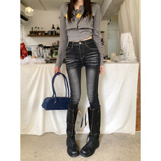 实拍 美式复古加绒铅笔牛仔裤高腰加厚保暖弹力配靴子小脚裤