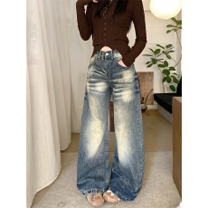 实拍 美式复古做旧弯刀裤牛仔裤春季高腰宽松直筒梧桐阔腿镰刀裤