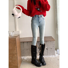 批发实拍 封神系列清新浅蓝色磨毛牛仔裤2026韩国版<b class='q'>弹力</b>加绒小脚靴裤