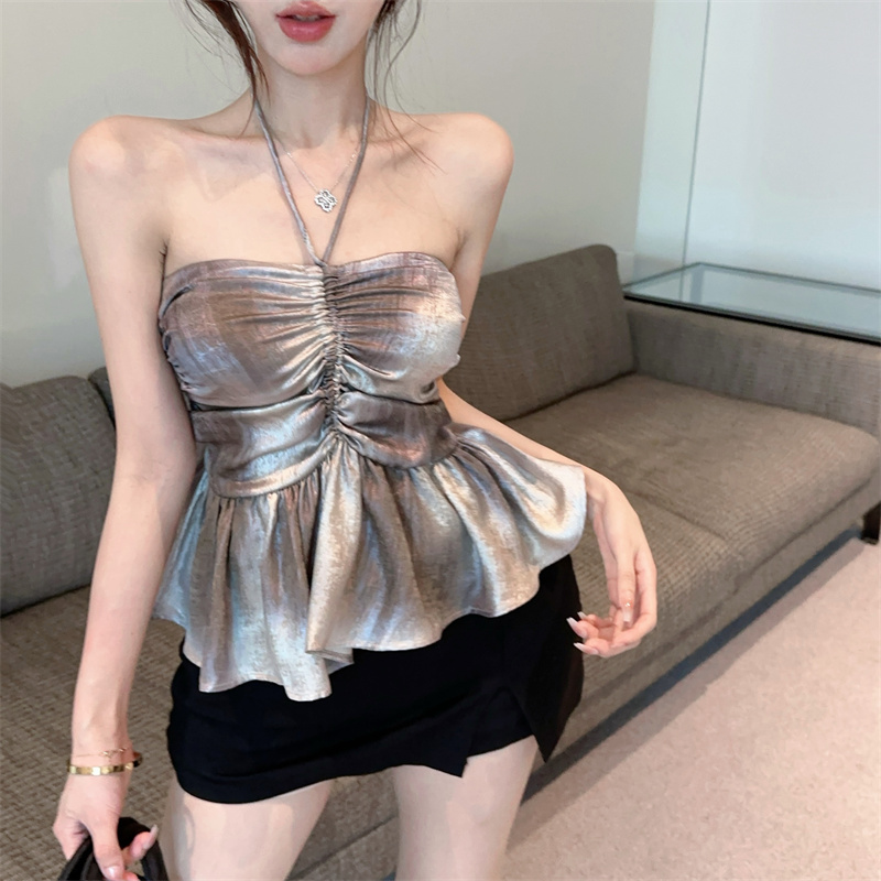 FA34256# 新款性感辣妹设计感挂脖收腰裙摆吊带上衣抹胸背心 服裝批發女裝批發服飾貨源