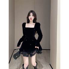 批发实拍2025高档金丝绒蕾丝拼接蓬蓬<b class='q'>连衣裙</b>公主礼服裙小黑裙