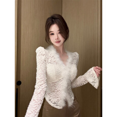 批发实拍秋冬新款高级感<b class='q'>蕾丝</b>轻奢毛毛仿水貂绒保暖显瘦打底衫上衣