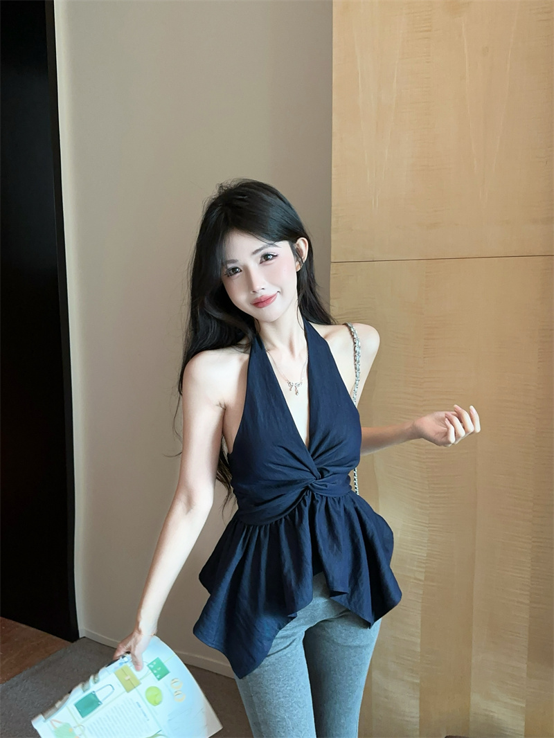 실사 2026 새로운 깊은 V 넥 데님 행침 목 맨위 고급 디자인 센스 몸매 가꾸기 슬림해 보이는 외국 가스 튜브탑 조끼