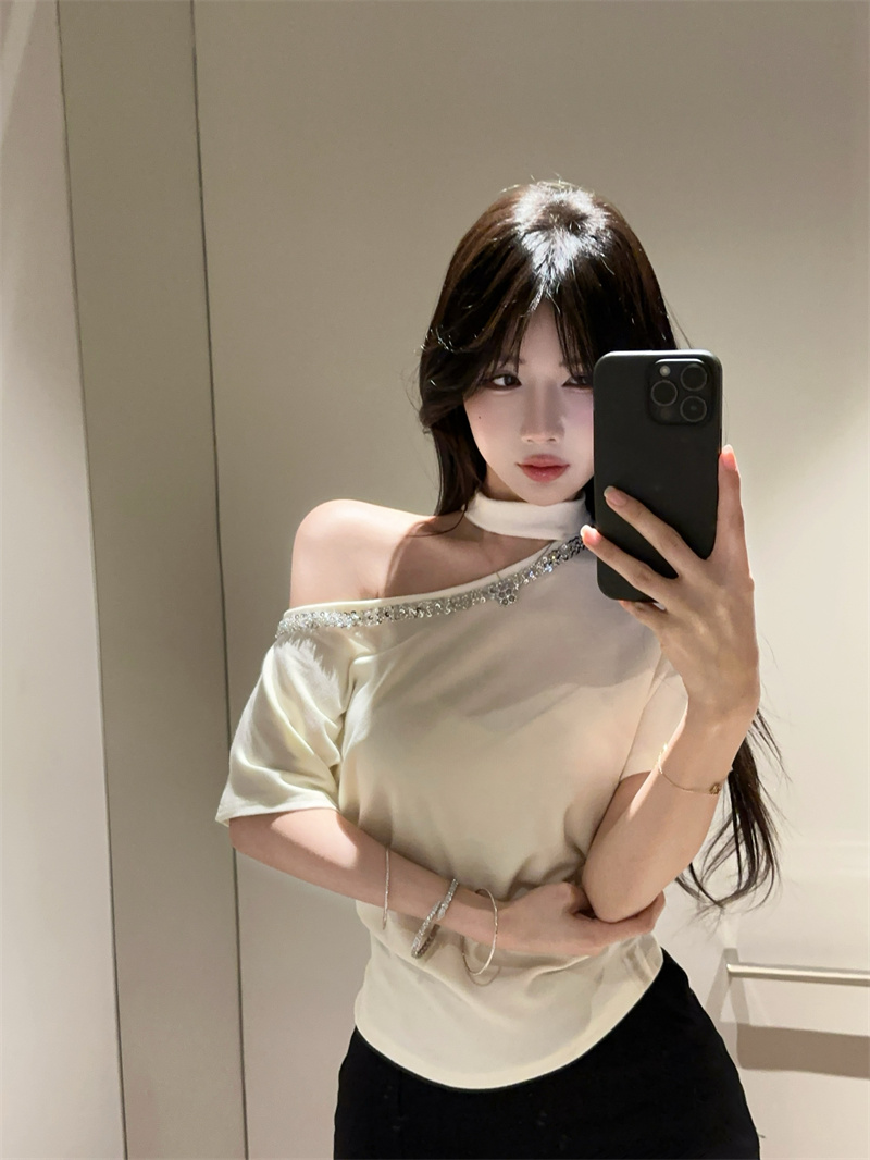 실사 2026 새로운 고급 스팽글 배트윙 소매 오프숄더 맨위 섹시함 핫걸 행침 목 여성 티셔츠