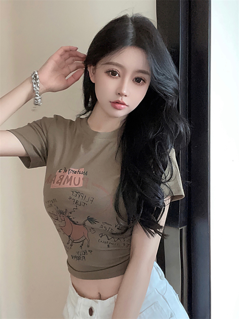 실사 2026 새로운 아메리칸 워크웨어 t 고급 센스 프린트 라운드 넥 하이웨이스트 몸매 가꾸기 슬림해 보이는 조류 소녀 핫걸 맨위