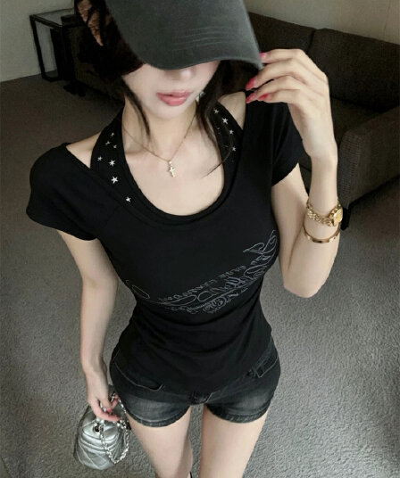 실사 2026 새로운 슈퍼 화재 핫걸 t 고급 프린트 행침 목 페이크 레이어드 슬림해 보이는 무거운 작업 반팔 여성 셔츠