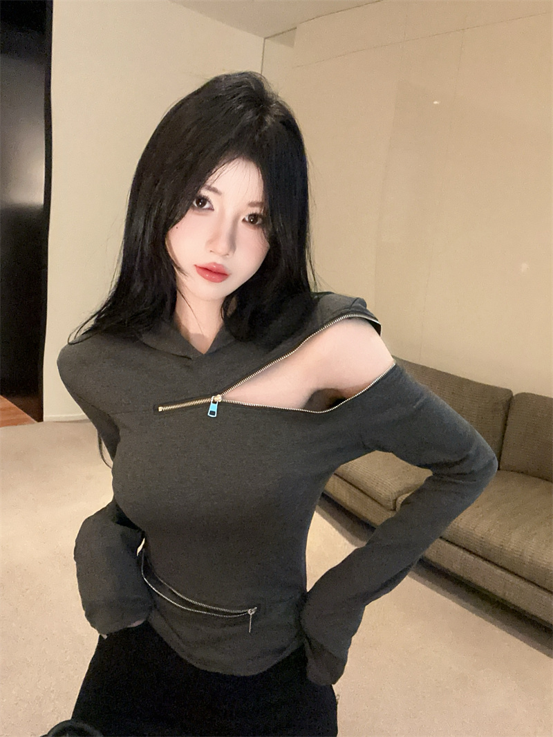 BY37397# 新款性感镂空设计感T恤超火辣妹显瘦长袖百搭女连帽上衣  服裝批發女裝批發服飾貨源