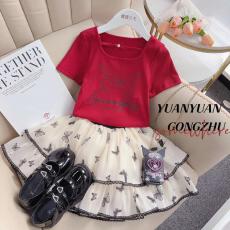 批发<b class='q'>女童</b>印花<b class='q'>套装</b>2026夏季新款中大童印花<b class='q'>短袖</b>T恤甜美半身裙两件套潮