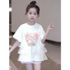 批发女童印花T恤2026新款夏季中大童洋气纱网拼接短袖韩版甜美<b class='q'>上衣</b>潮