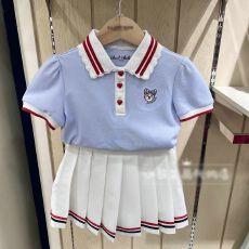 批发<b class='q'>女</b><b class='q'>童</b>娃娃领套装新款夏季韩系学院风中大童娃娃领短袖百褶裙两件套