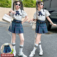 批发<b class='q'>女童</b>夏<b class='q'>季</b>短袖衬衫JK套装2025新款儿童格子短裙两件套女大童百褶裙