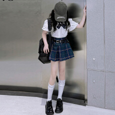 批发<b class='q'>女童</b>夏款<b class='q'>时髦</b>JK套装2025新款女大童学院风衬衫格子裙网红短袖短裙