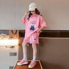 批发女童夏装套装2026新款洋气儿童休闲卡通POLO领短袖时髦短裤两件套