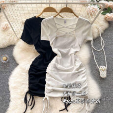 女童夏季连衣裙2026新款方领两侧抽绳短袖儿童纯色修身包臀裙子女