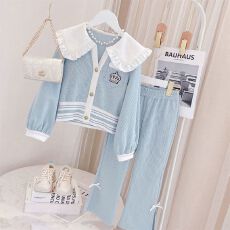 批发女童学院风套装春秋2025新款<b class='q'>儿童</b>洋气翻领<b class='q'>开衫</b>蝴蝶结喇叭裤两件套