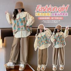 批发女童套装春秋2025新款洋气女大童装秋装毛衣<b class='q'>马甲</b><b class='q'>儿童</b>衬衫三件套