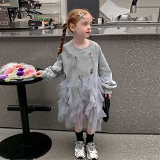 批发女童连衣裙2025秋季新款儿童甜美网纱蛋糕裙潮宝宝百搭拼接公主裙