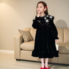 批发女童连衣裙2025秋冬中大童<b class='q'>韩版</b>时尚丝绒连衣裙休闲绣花娃娃领裙子