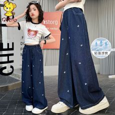 批发女童秋季牛仔裤2025新款洋气中大童韩版蝴蝶结裤子宽松百搭阔腿裤