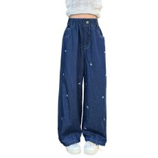 批发女童刺绣牛仔裤秋季2025新款时髦中大童洋气蝴蝶结宽松百搭阔腿裤