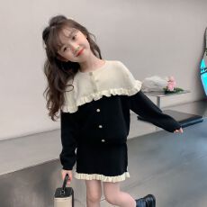 批发女童套装裙秋款新款<b class='q'>韩版</b>儿童洋气小女孩拼色开衫上衣半身裙两件套