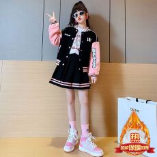 批发<b class='q'>女童</b>JK<b class='q'>棒球</b>服加绒套装秋冬季新款洋气儿童学院风女孩百褶裙两件套