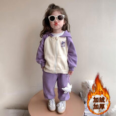 批发女童拼色加绒套装冬季2025新款洋气<b class='q'>儿童</b>连帽拉链卫衣<b class='q'>运动裤</b>两件套