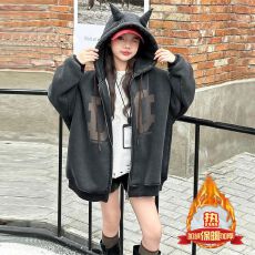 批发女童秋冬款卡通印花外套2025新款女大童加绒加厚休闲连帽开衫上衣