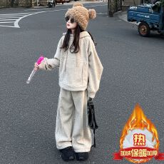 批发女童加绒卫衣套装秋冬季新款中大童洋气女孩潮酷风连帽衫两件套潮