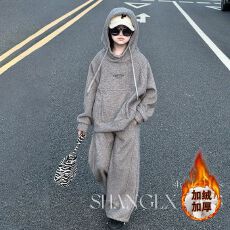 批发女童加绒卫衣套装秋冬装新款韩版中大童洋气女孩连帽衫卫裤两件套