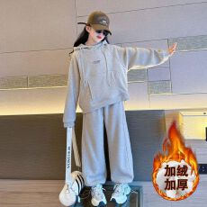 批发女童连帽卫衣套装2025秋冬新款韩版中大童洋气女孩加绒加厚两件套