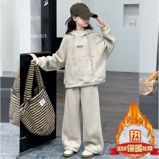 批发童加绒加厚套装秋冬装2025新款中大童时髦女孩连帽卫衣卫裤两件套