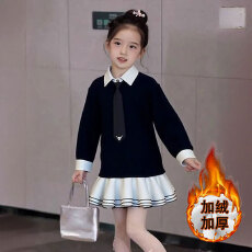 批发<b class='q'>女童</b><b class='q'>连衣裙</b>2025秋冬新款洋气学院风甜美纯色拼接polo领长袖卫衣裙
