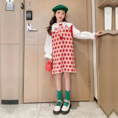 批发女童长袖衬衫连衣裙2025<b class='q'>春</b>秋款洋气秋冬可爱草莓毛衣背心裙两件套